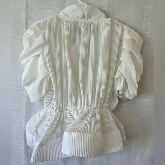 LUC-CE Womens Puff Half Sleeve Tunic Lace Up Bow Patchwork Ruffles Blouse - Picture 7 of 8